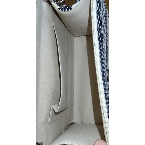 Teal Blue & Cream Stripe, Faux Rattan Square Mini Crossbody Purse - Picture 4 of 10